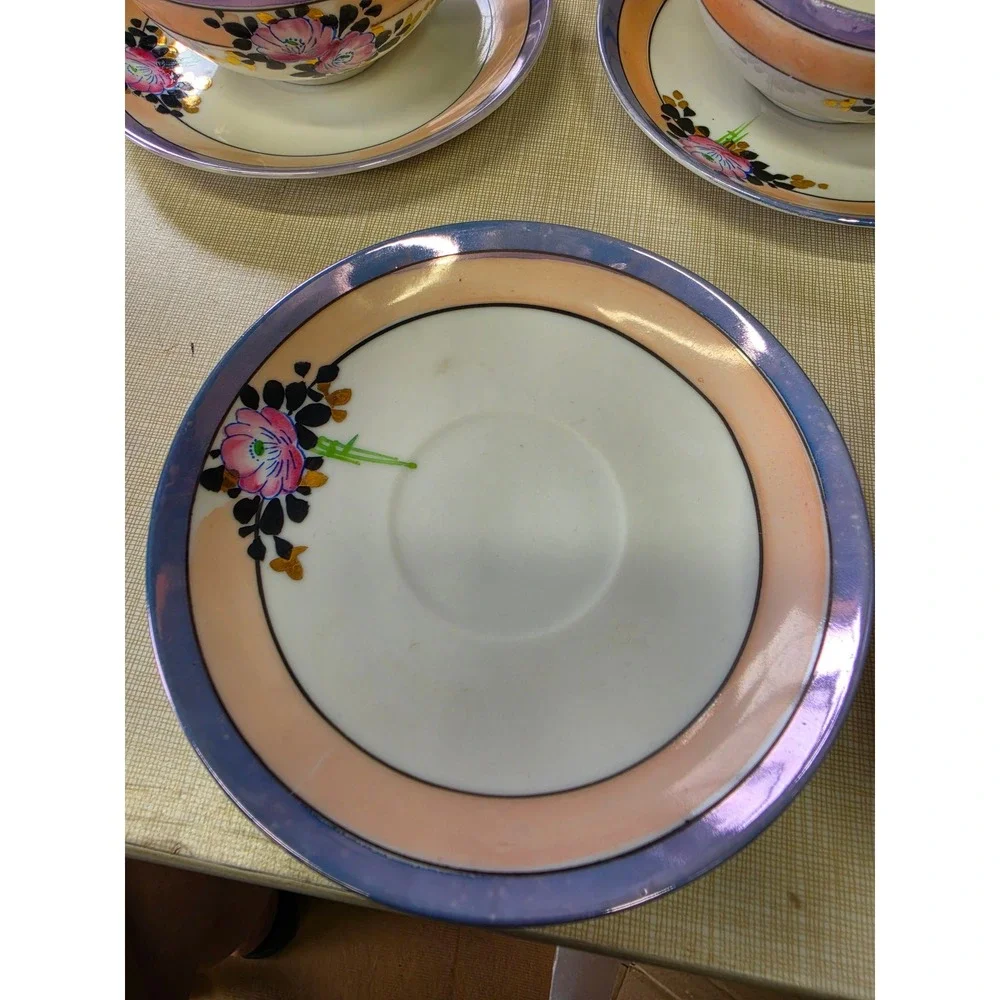 Vintage Japanese Lusterware Tea Cup and Saucer Set Hand Painted Floral 10 Piece